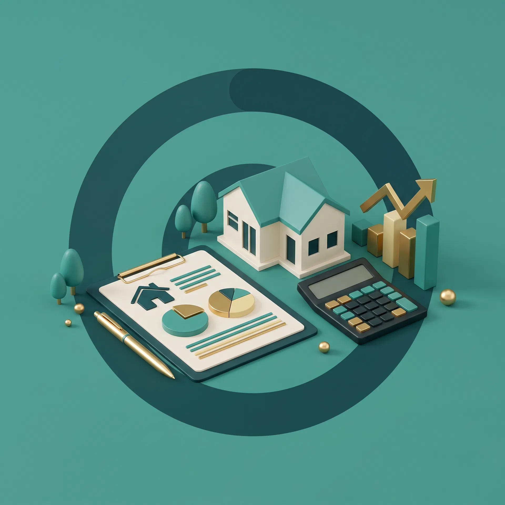 3D-Illustration zur Immobilienbewertung mit Haus, Diagrammen und Rechner in Teal und Gold